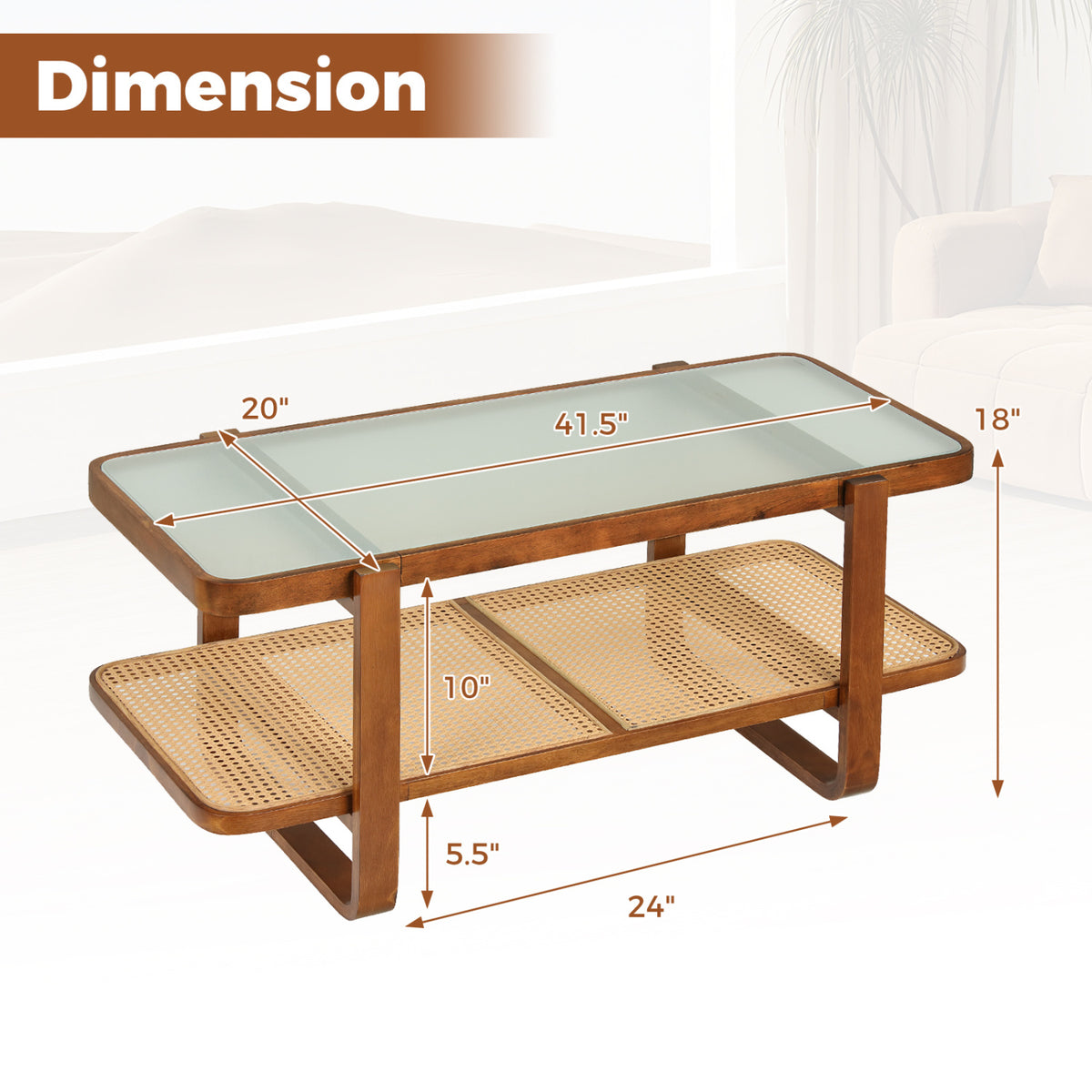 Rattan Coffee Table with Tempered Glass Top - Walnut