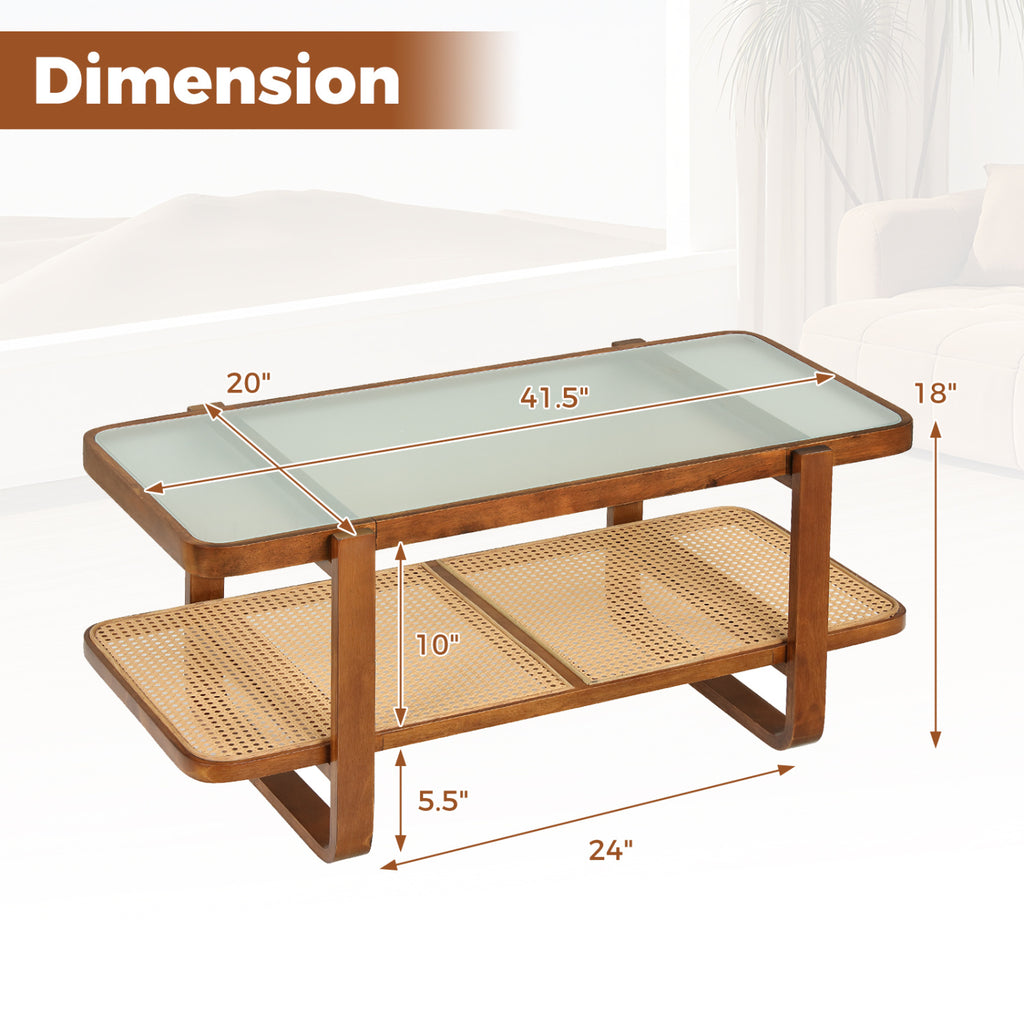 Rattan Coffee Table with Tempered Glass Top - Walnut