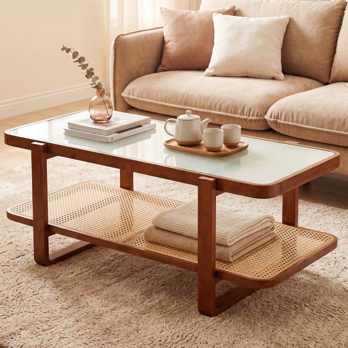Rattan Coffee Table with Tempered Glass Top - Walnut