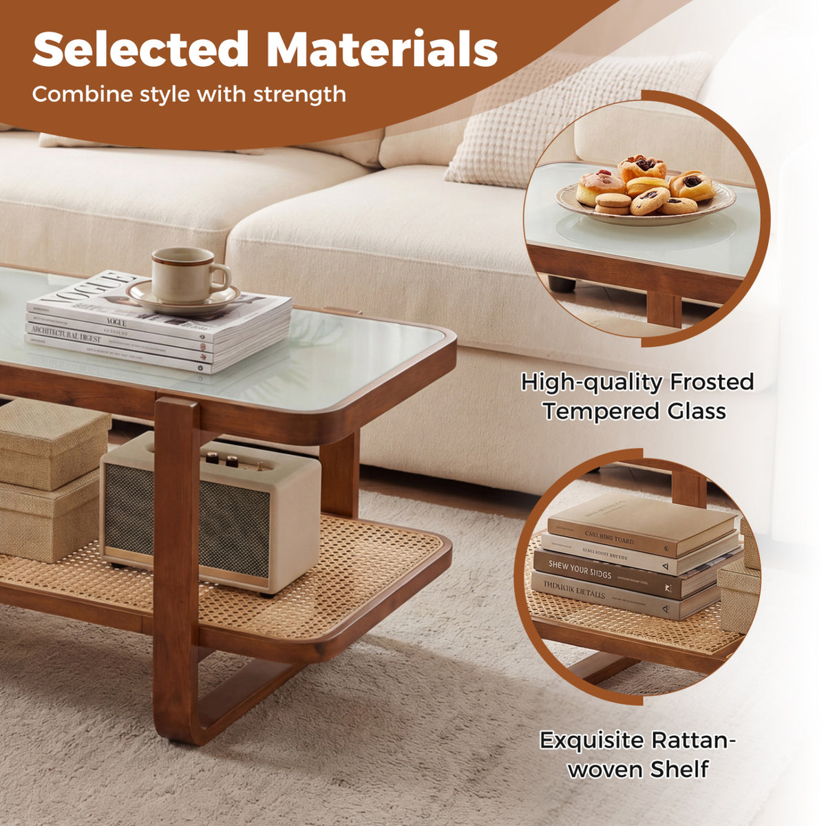 Rattan Coffee Table with Tempered Glass Top - Walnut