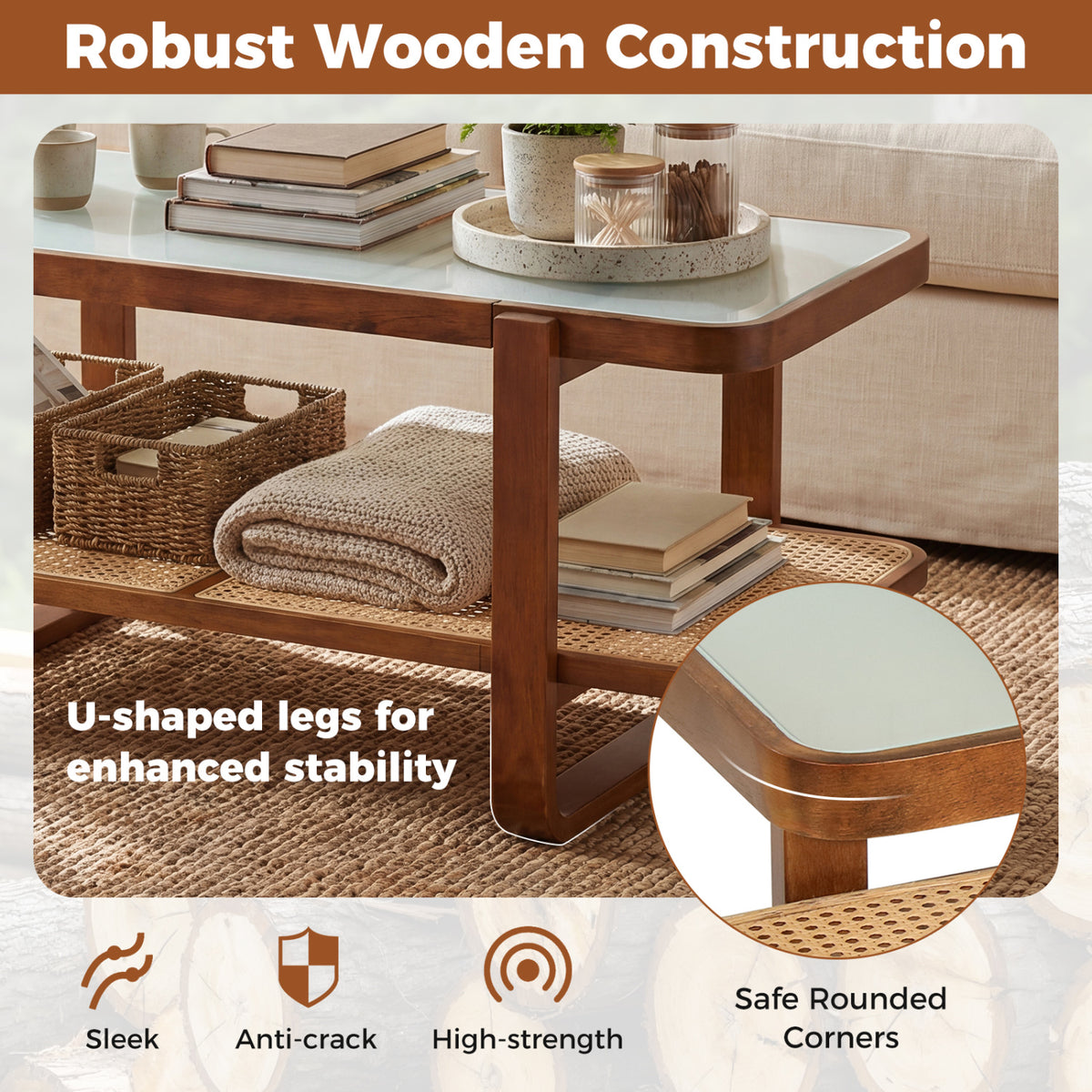 Rattan Coffee Table with Tempered Glass Top - Walnut