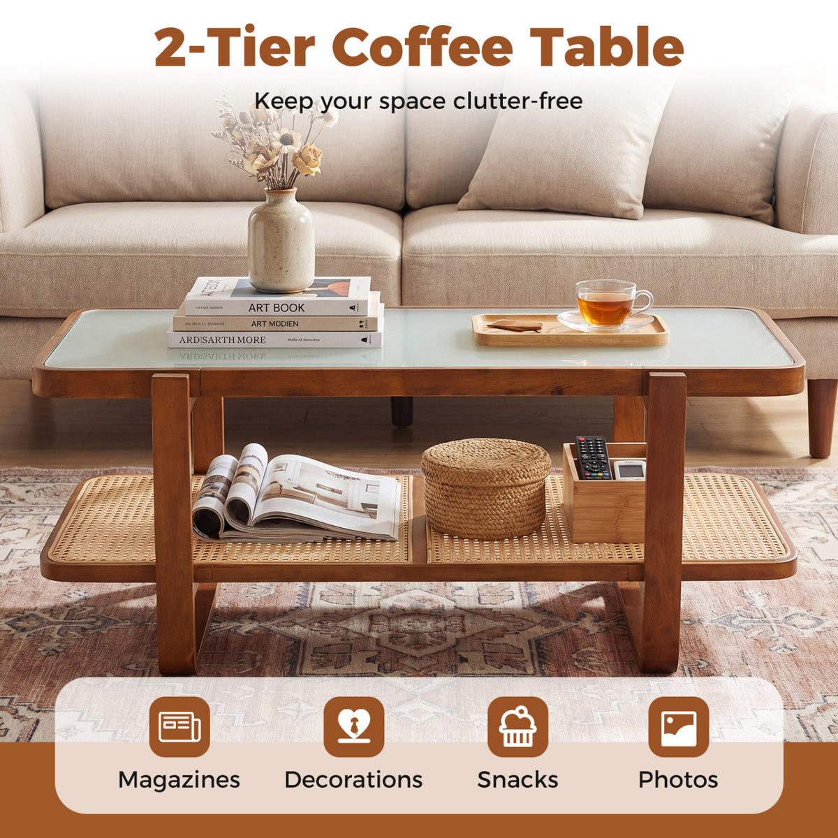 Rattan Coffee Table with Tempered Glass Top - Walnut
