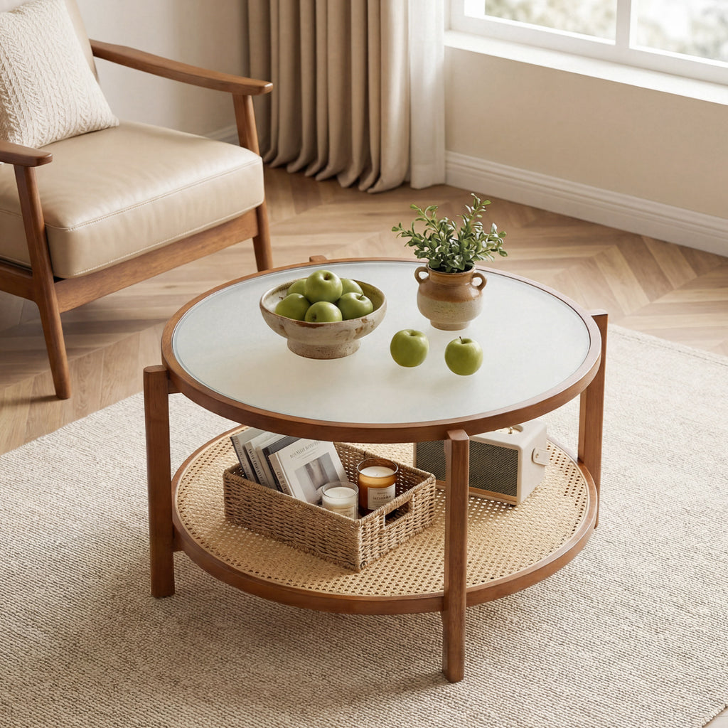 2-Tier Rattan Coffee Table with Frosted Glass Top, Walnut