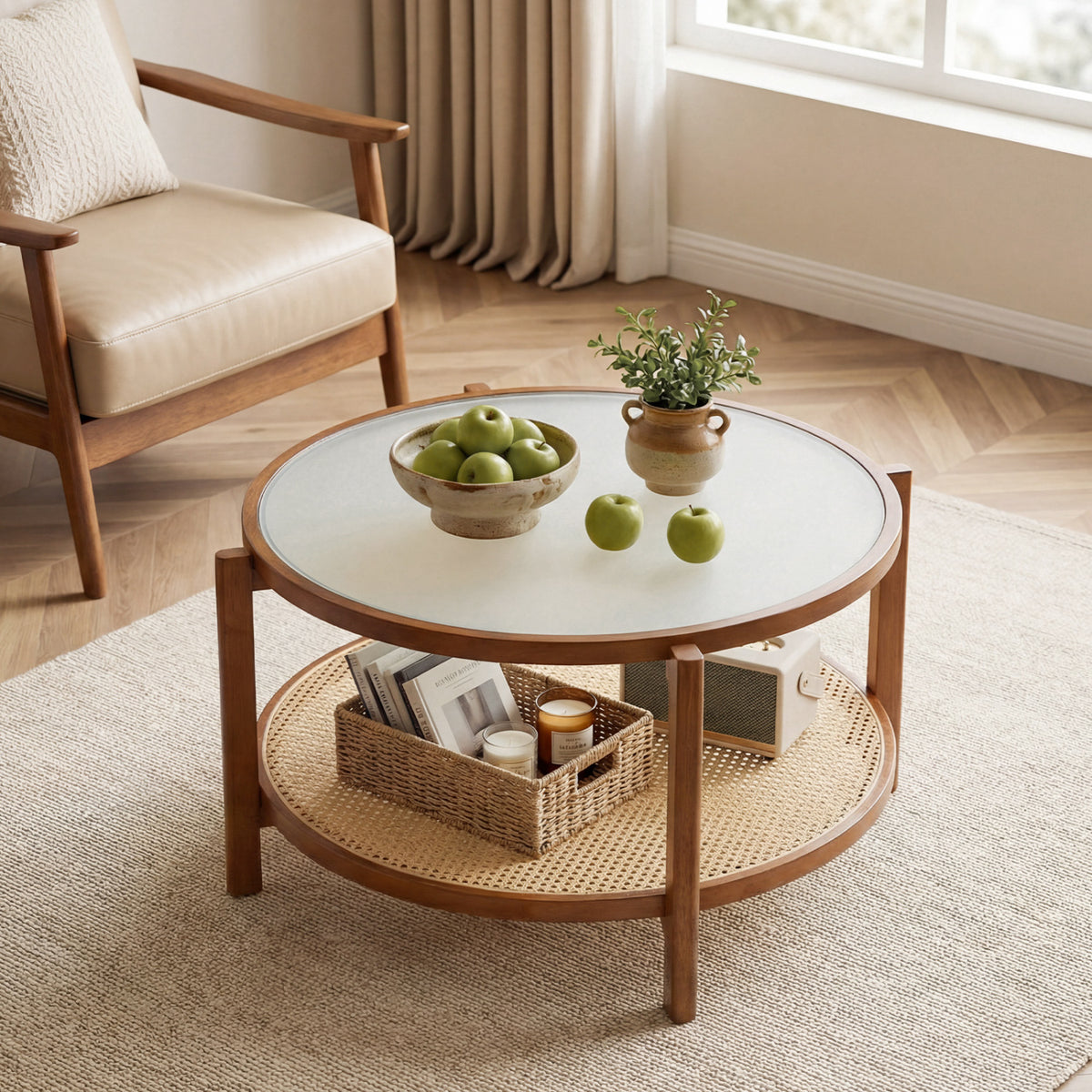 2-Tier Rattan Coffee Table with Frosted Glass Top, Walnut
