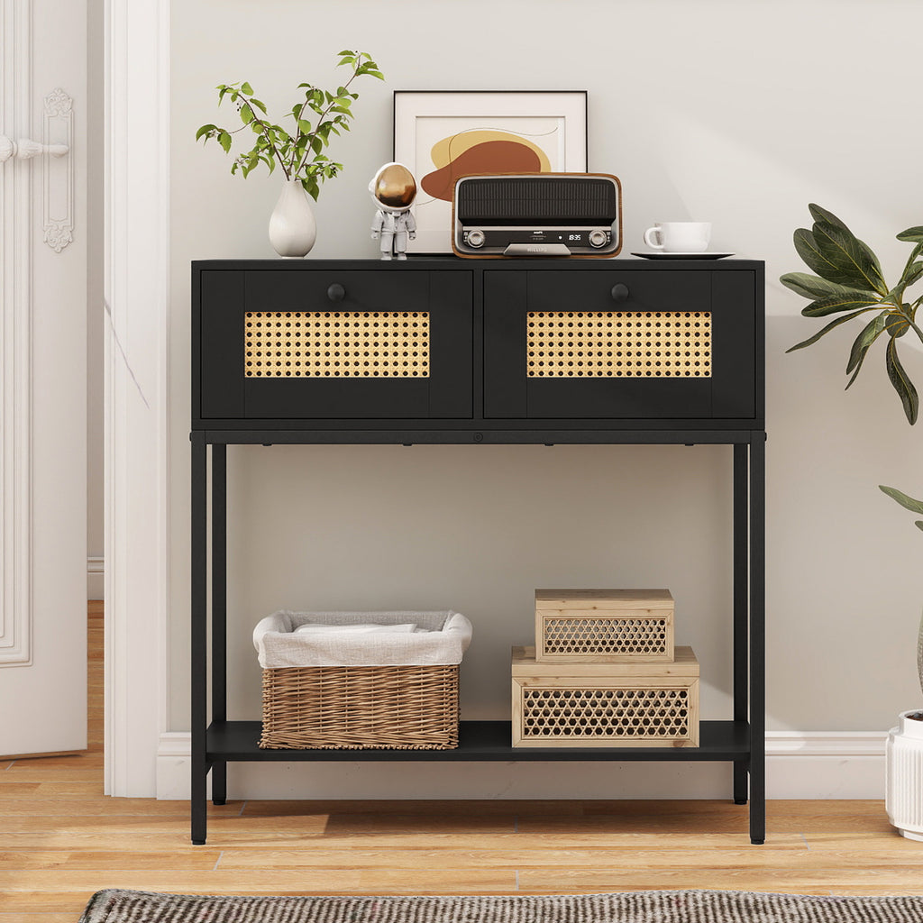 Rattan Console Table with 2 Drawers and Open Shelf - Black