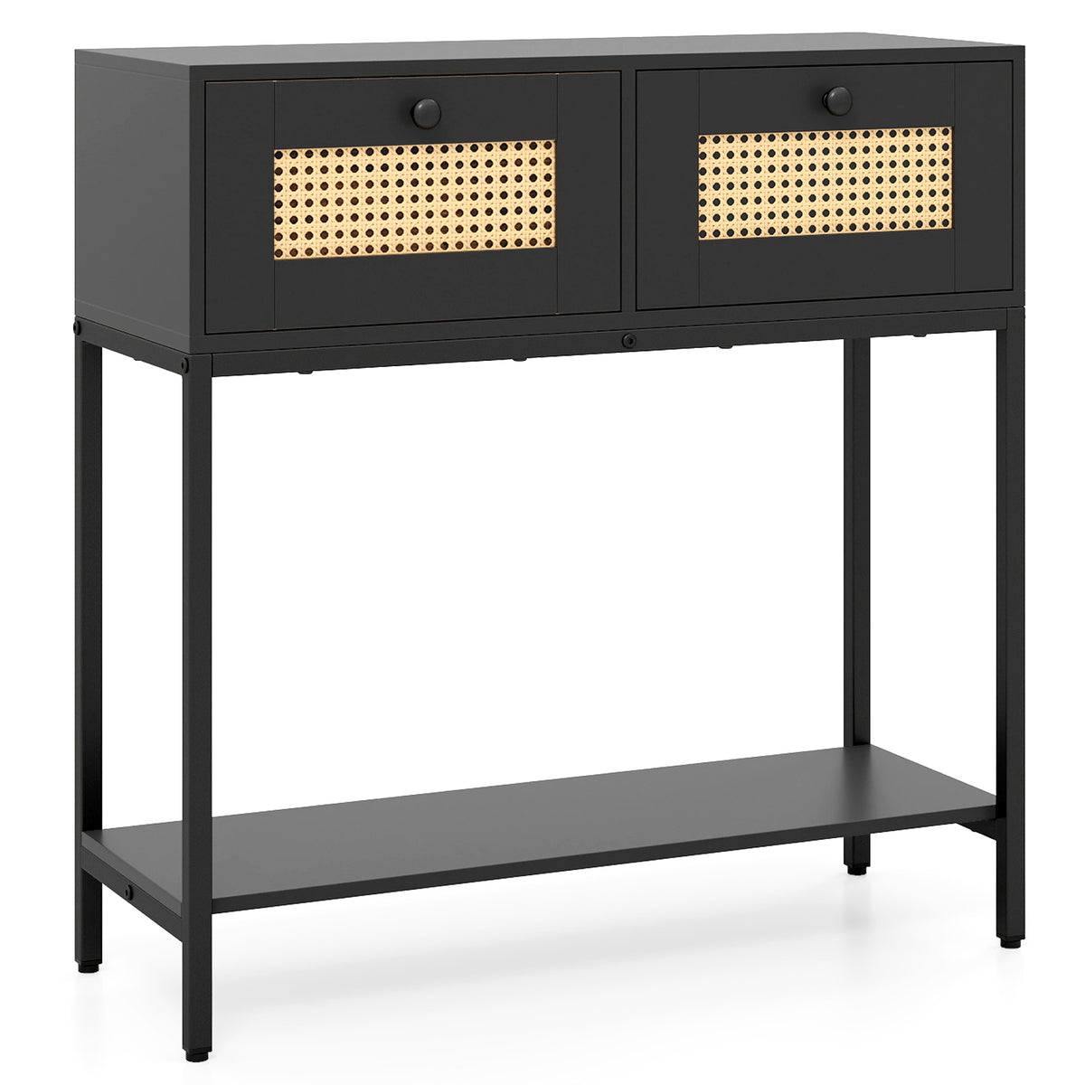 Rattan Console Table with 2 Drawers and Open Shelf - Black