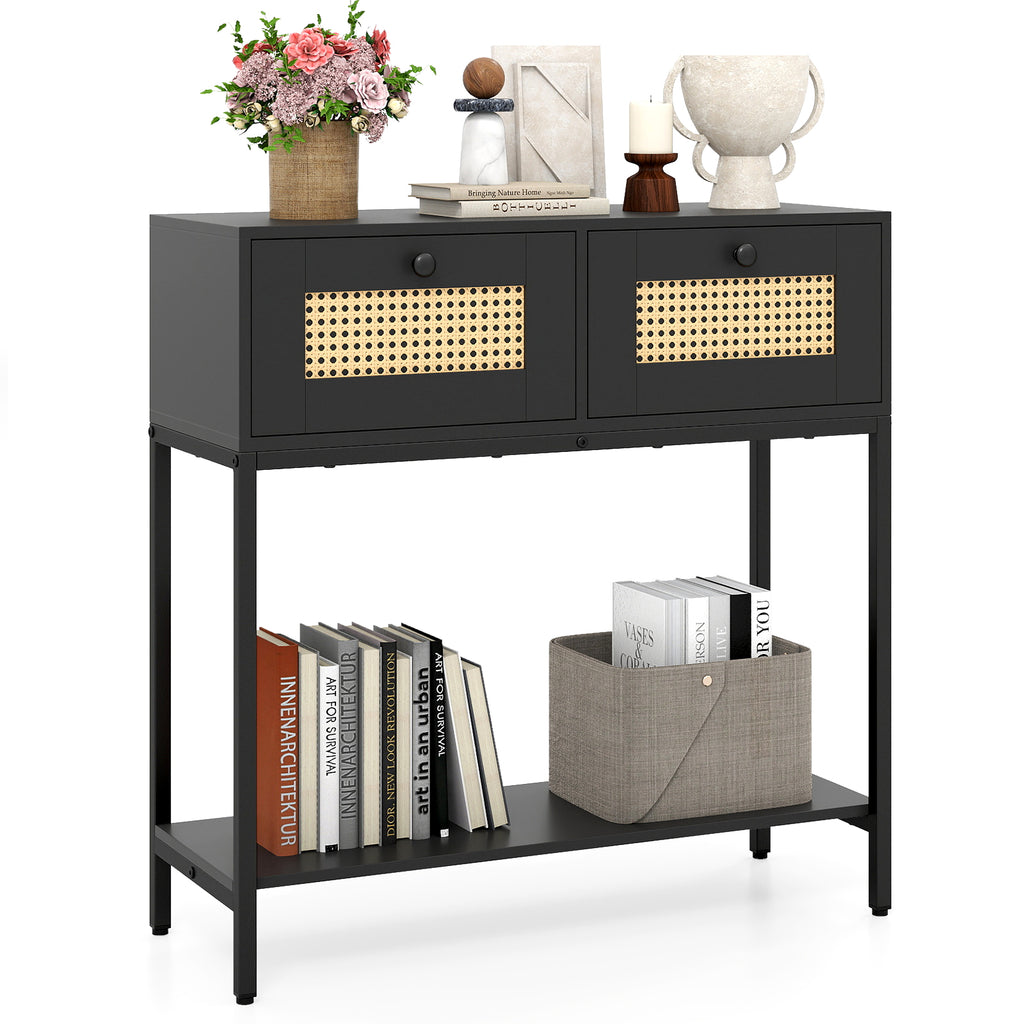 Rattan Console Table with 2 Drawers and Open Shelf - Black