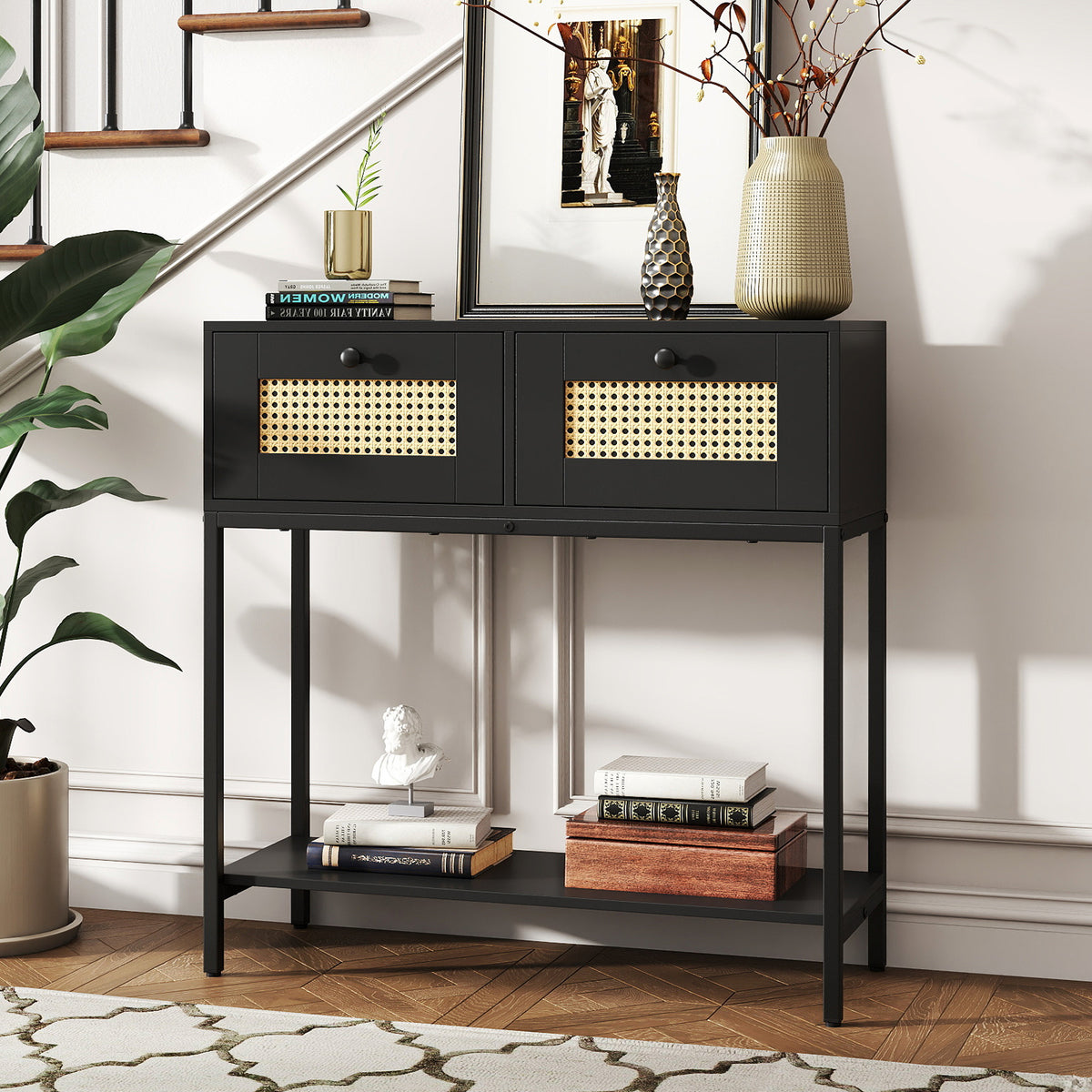 Rattan Console Table with 2 Drawers and Open Shelf - Black
