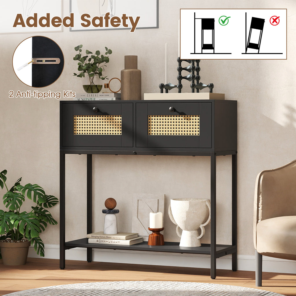 Rattan Console Table with 2 Drawers and Open Shelf - Black