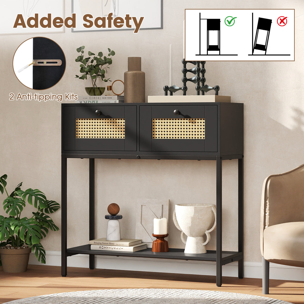 Rattan Console Table with 2 Drawers and Open Shelf - Black