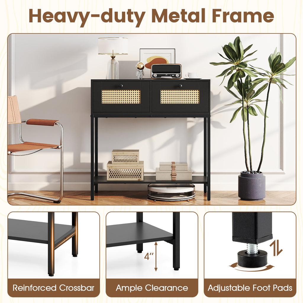 Rattan Console Table with 2 Drawers and Open Shelf - Black