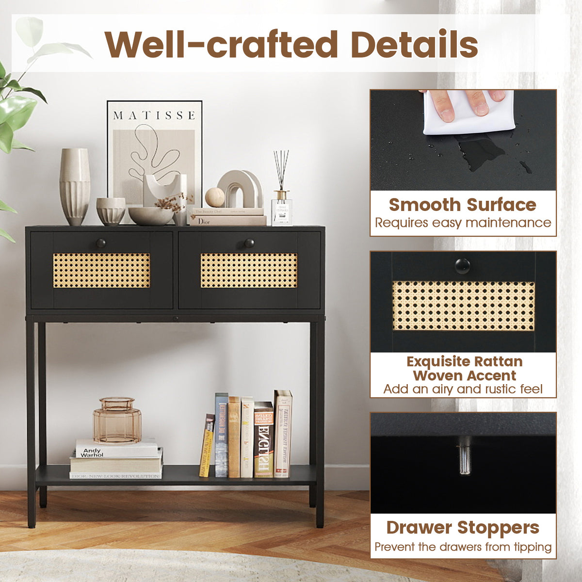 Rattan Console Table with 2 Drawers and Open Shelf - Black