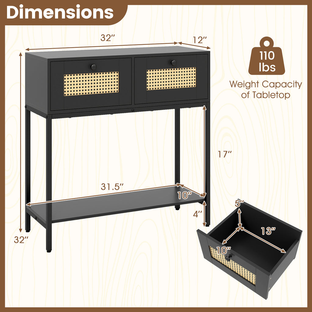 Rattan Console Table with 2 Drawers and Open Shelf - Black