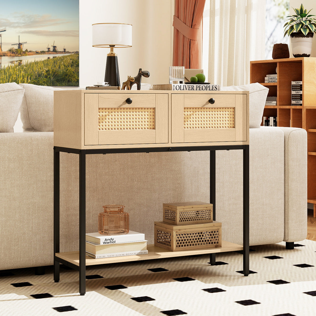 Rattan Console Table with Drawers & Shelf - Oak