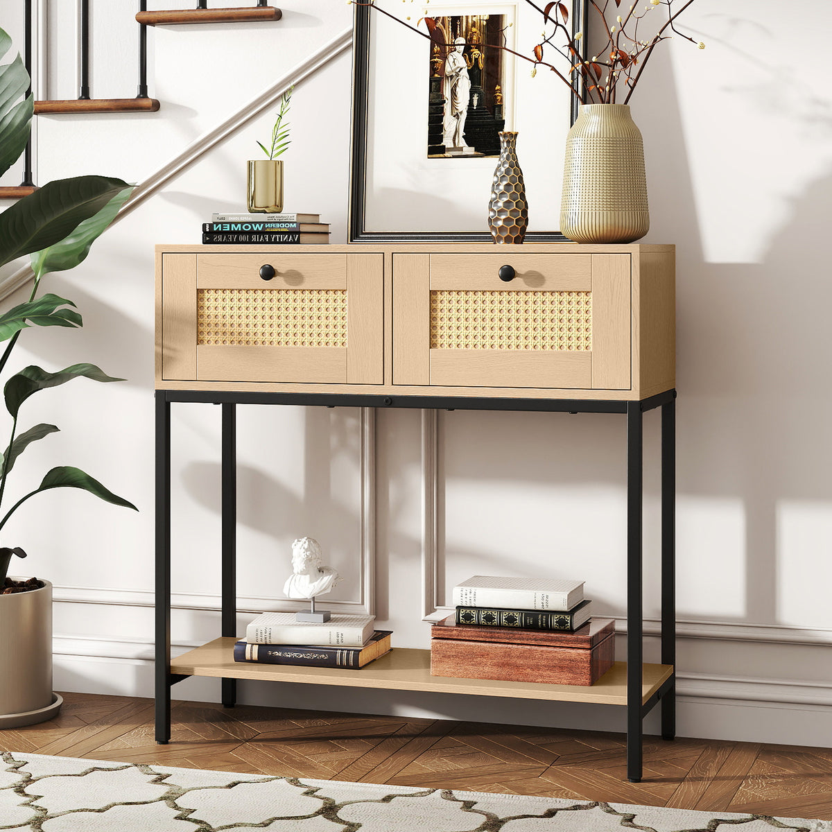 Rattan Console Table with Drawers & Shelf - Oak