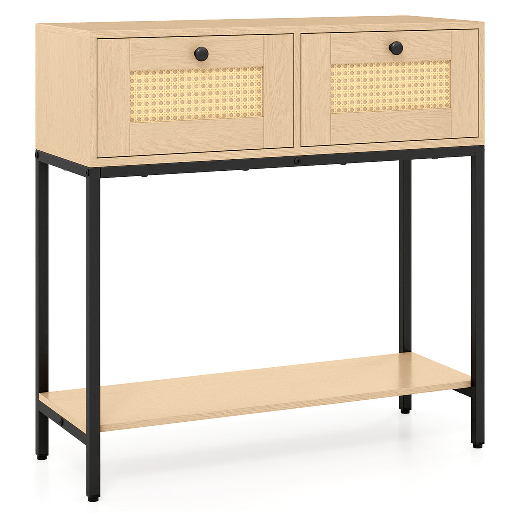 Rattan Console Table with Drawers & Shelf - Oak