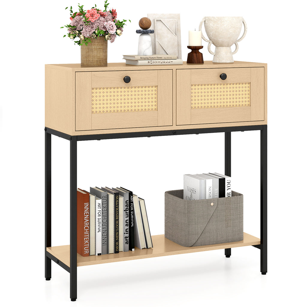 Rattan Console Table with Drawers & Shelf - Oak