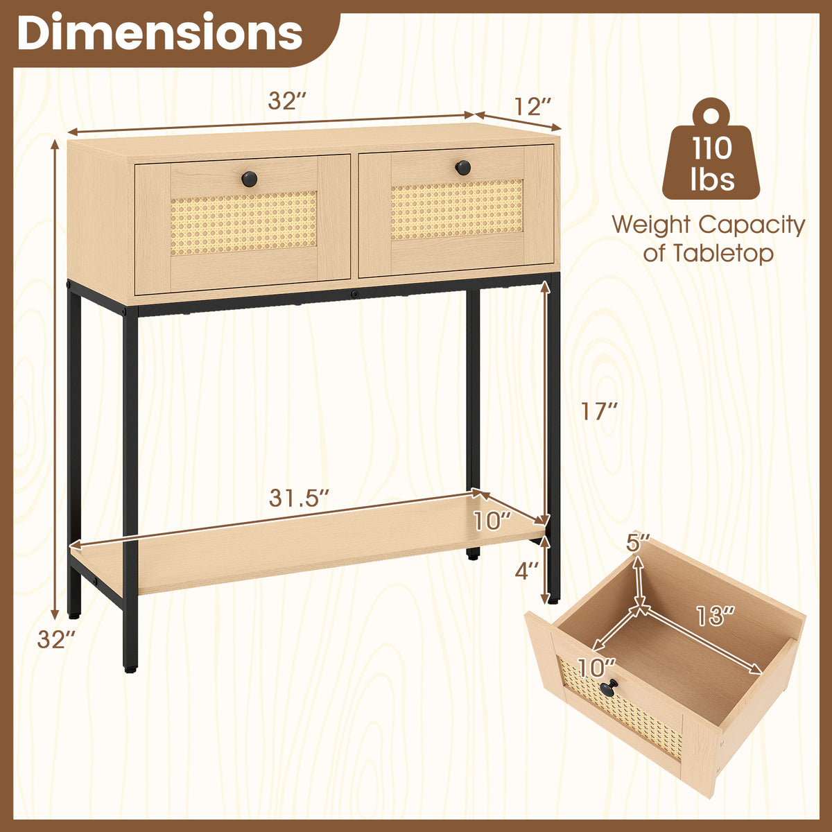 Rattan Console Table with Drawers & Shelf - Oak