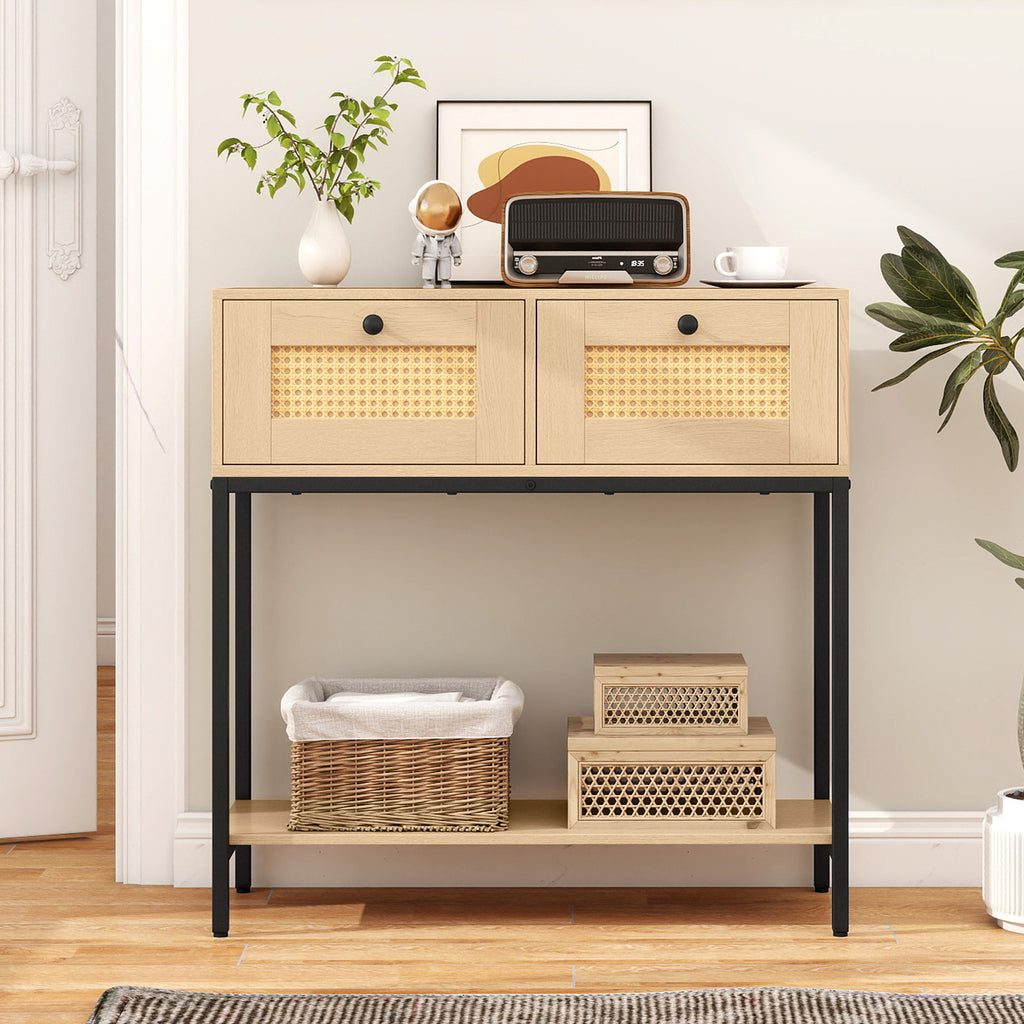 Rattan Console Table with Drawers & Shelf - Oak