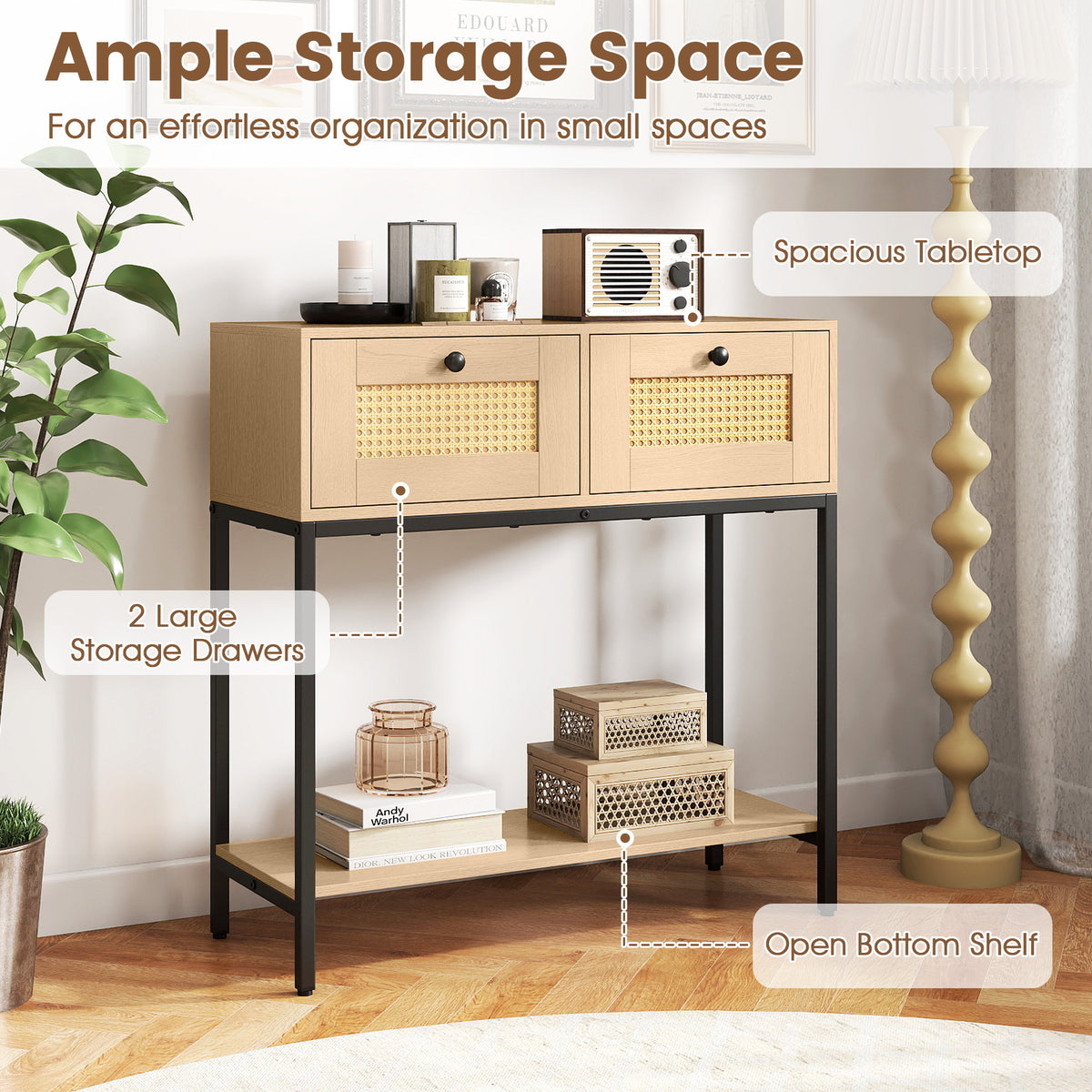 Rattan Console Table with Drawers & Shelf - Oak