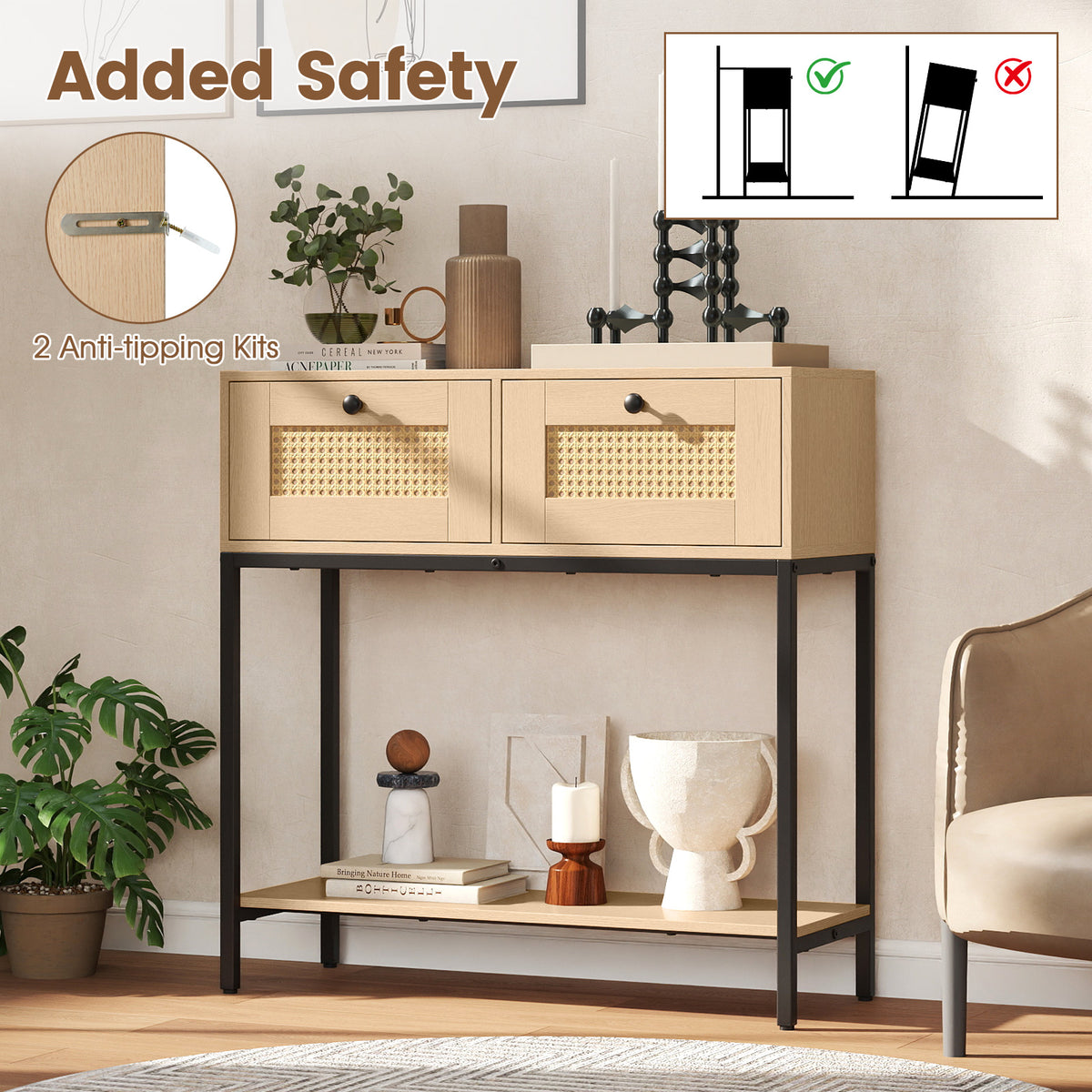 Rattan Console Table with Drawers & Shelf - Oak