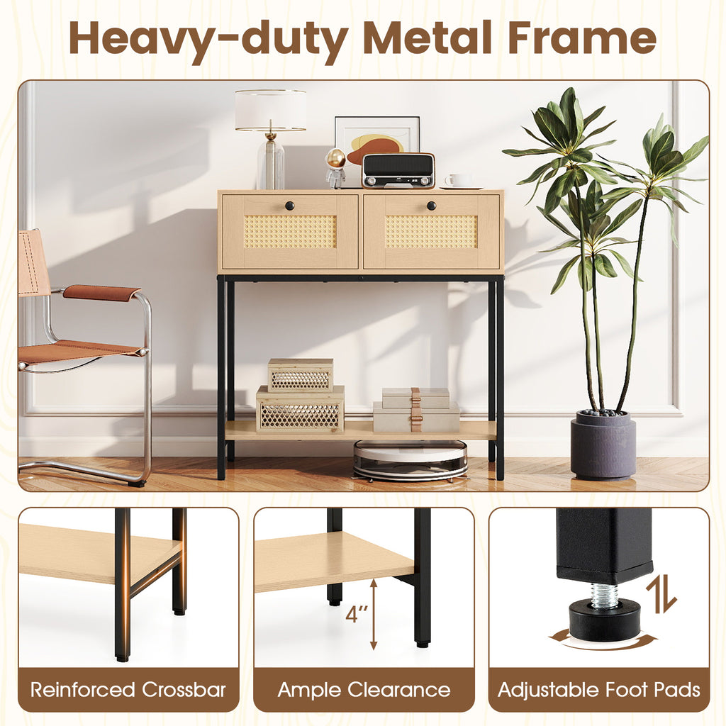 Rattan Console Table with Drawers & Shelf - Oak