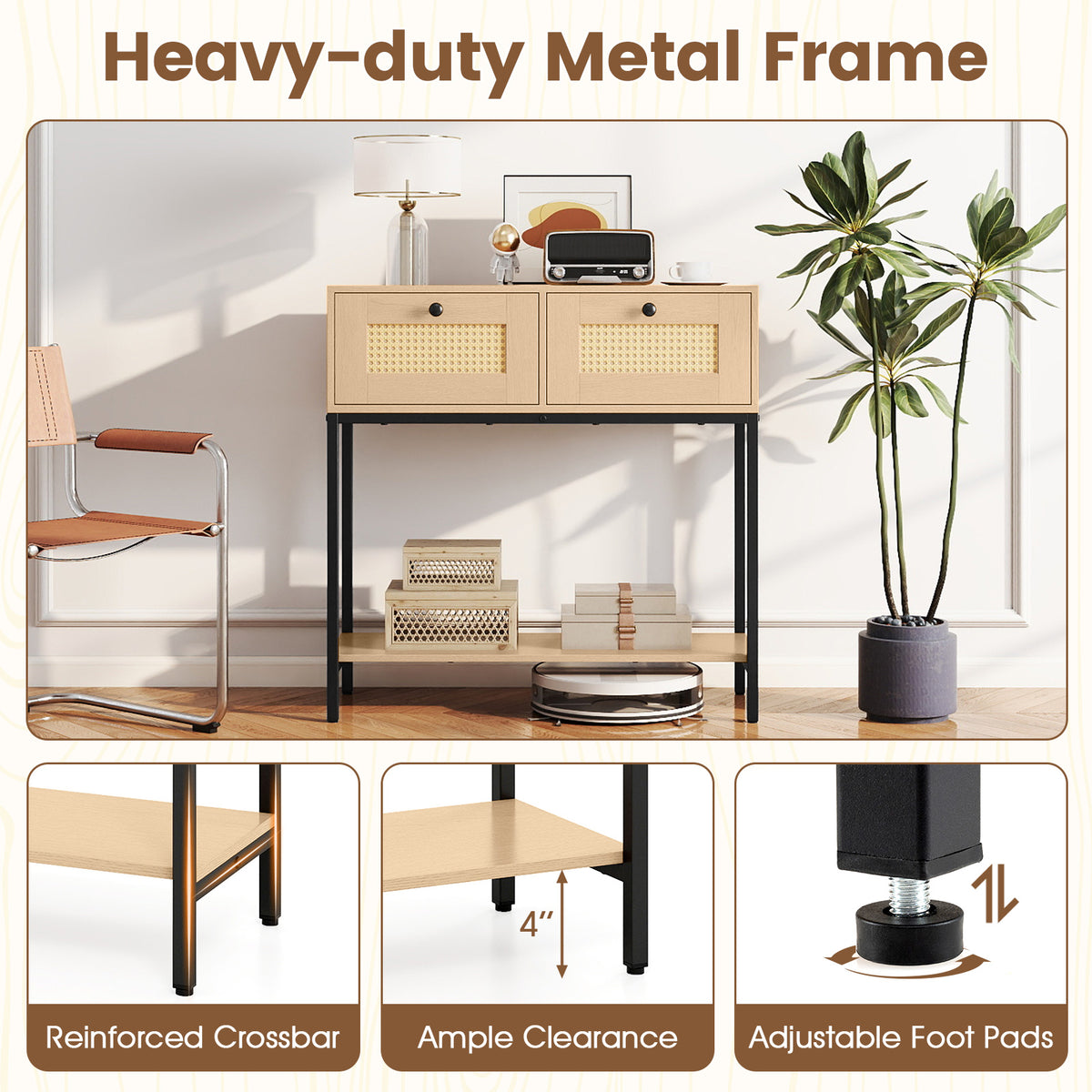Rattan Console Table with Drawers & Shelf - Oak