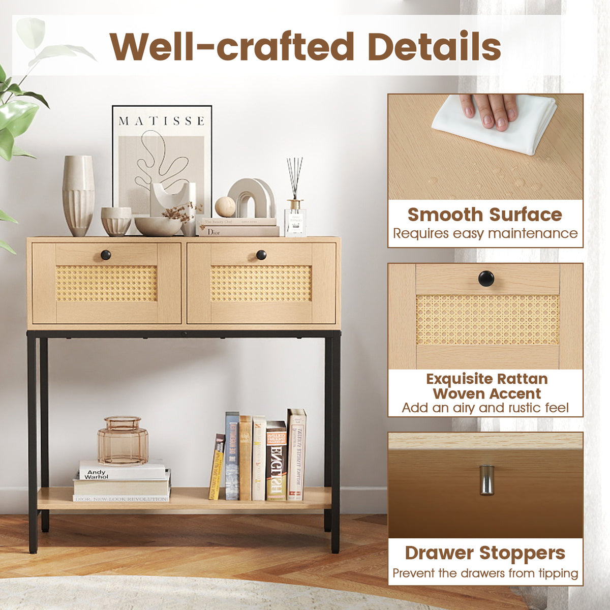 Rattan Console Table with Drawers & Shelf - Oak