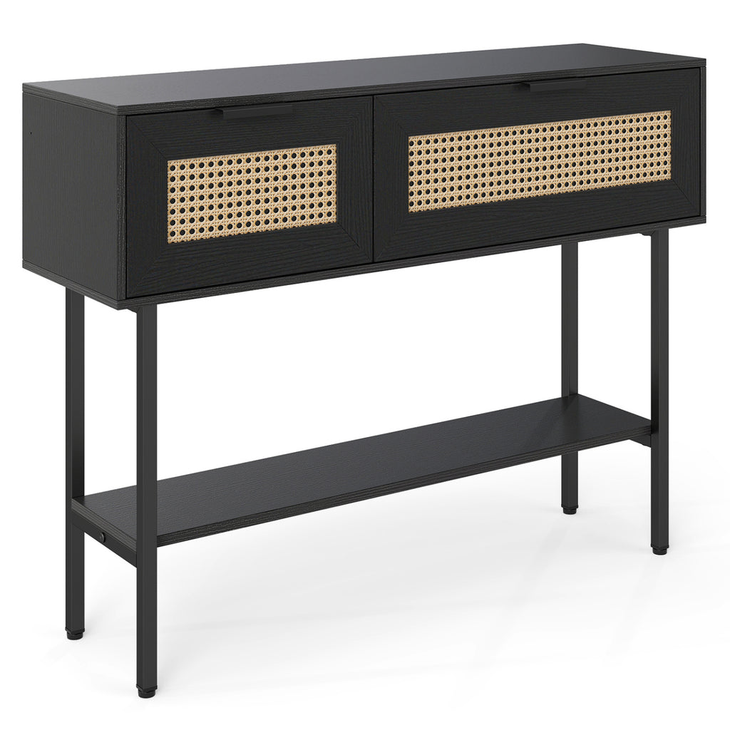 Rattan Console Table with 2 Drawers and Bottom Shelf