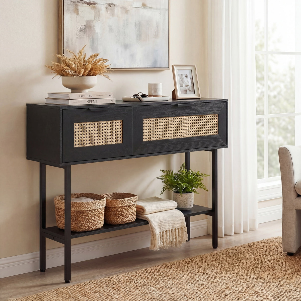 Rattan Console Table with 2 Storage Cabinets Shelf Carbon Steel Frame