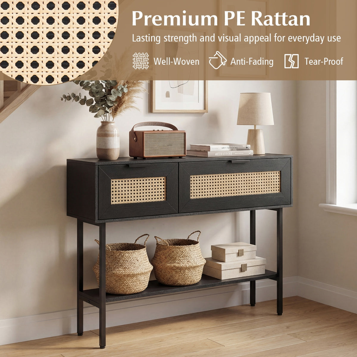 Rattan Console Table with 2 Storage Cabinets Shelf Carbon Steel Frame