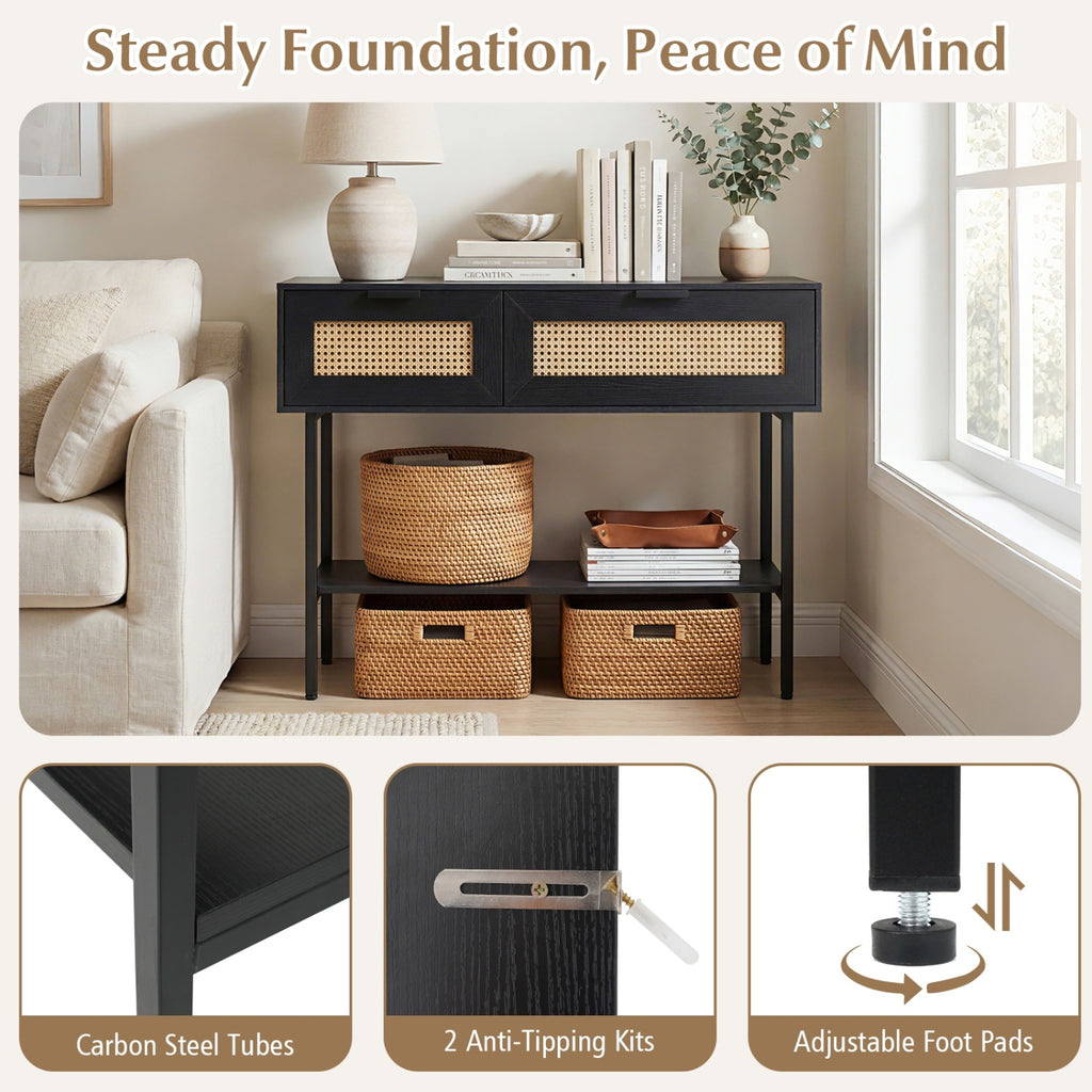 Rattan Console Table with 2 Storage Cabinets Shelf Carbon Steel Frame