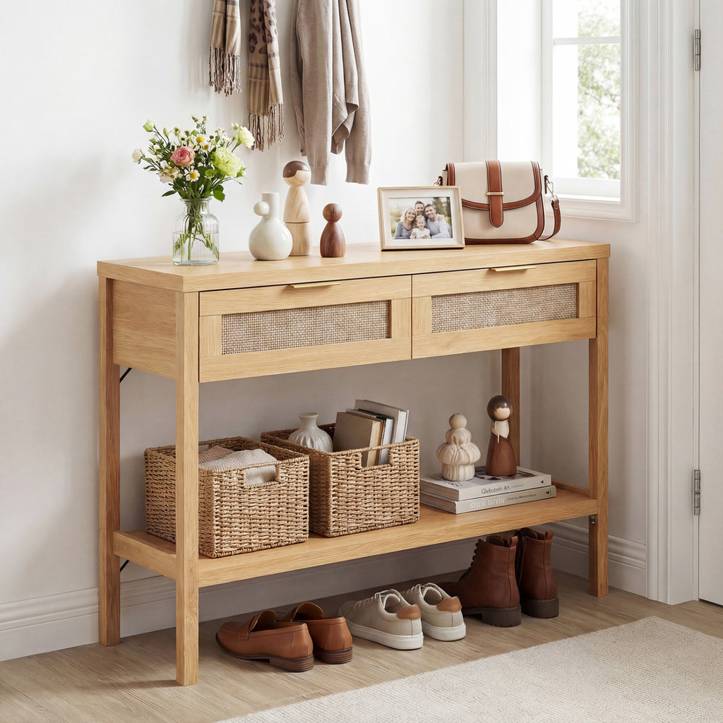 Rattan Console Table with 2 Drawers and Bottom Shelf, Natural
