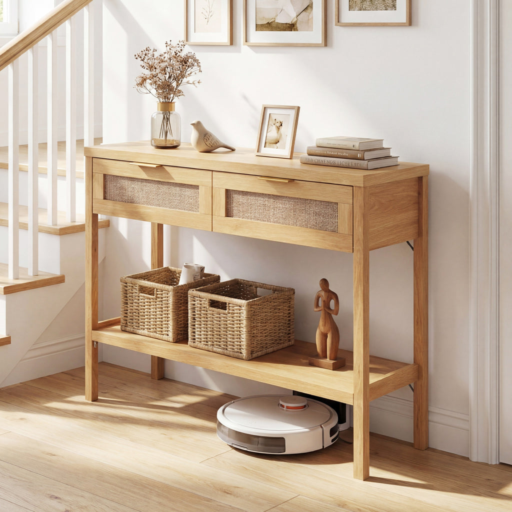 Rattan Console Table with 2 Drawers and Bottom Shelf, Natural