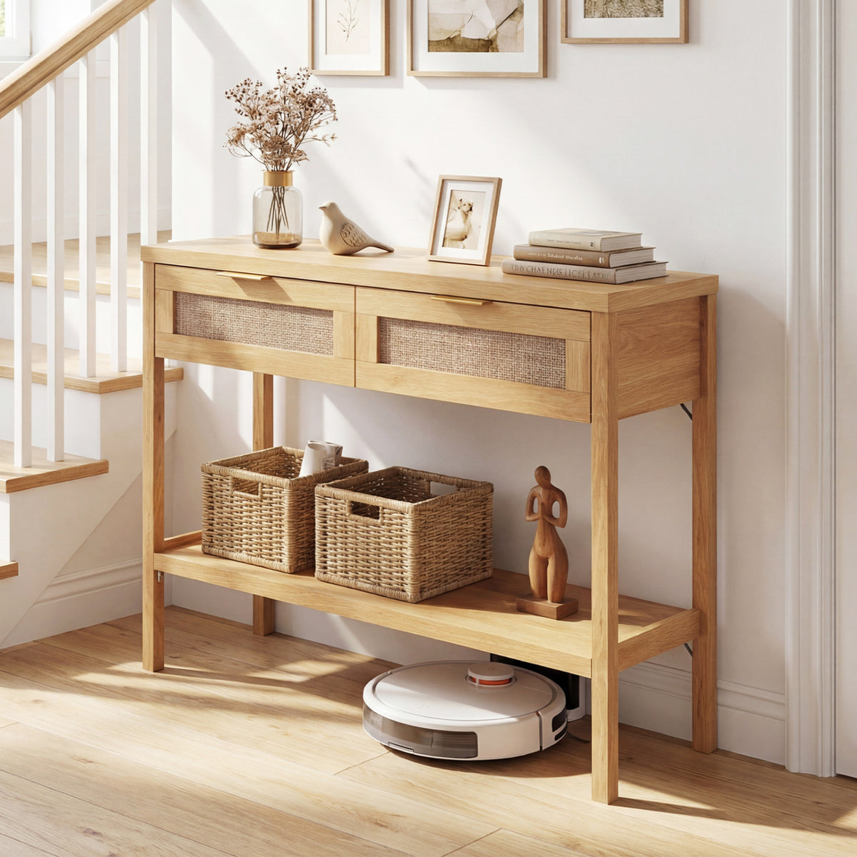 Rattan Console Table with 2 Drawers and Bottom Shelf, Natural
