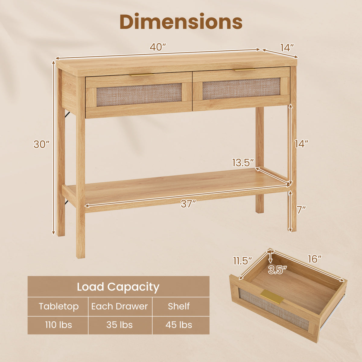 Rattan Console Table with 2 Drawers and Bottom Shelf, Natural