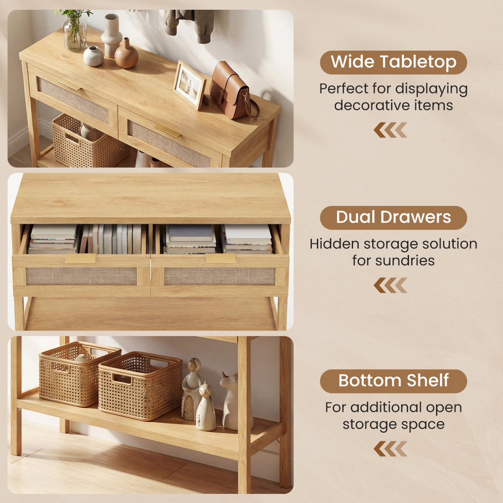 Rattan Console Table with 2 Drawers and Bottom Shelf, Natural