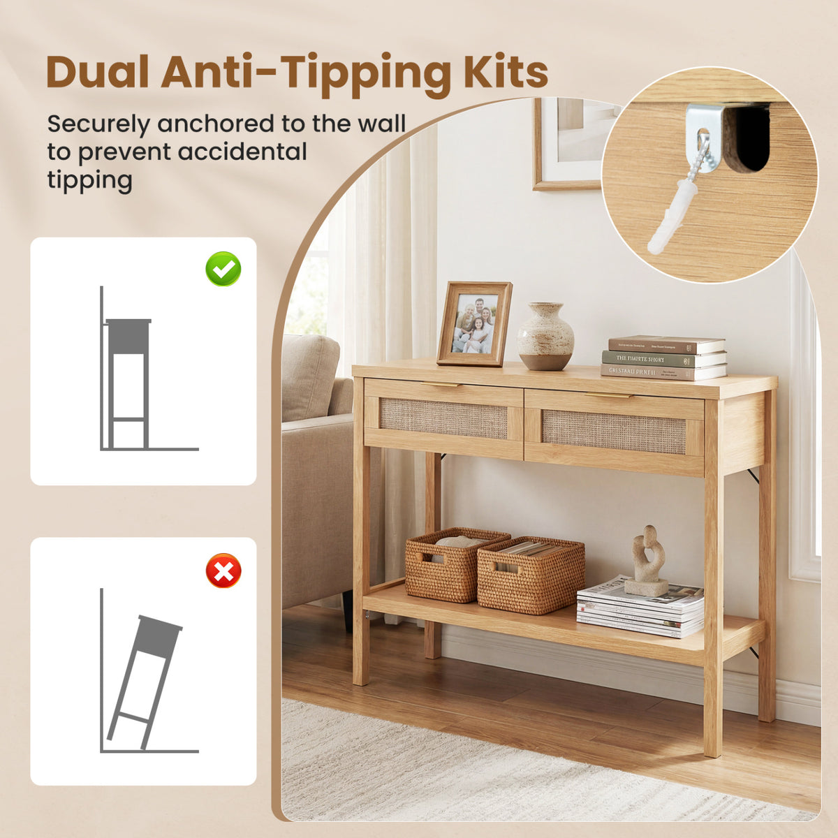 Rattan Console Table with 2 Drawers and Bottom Shelf, Natural