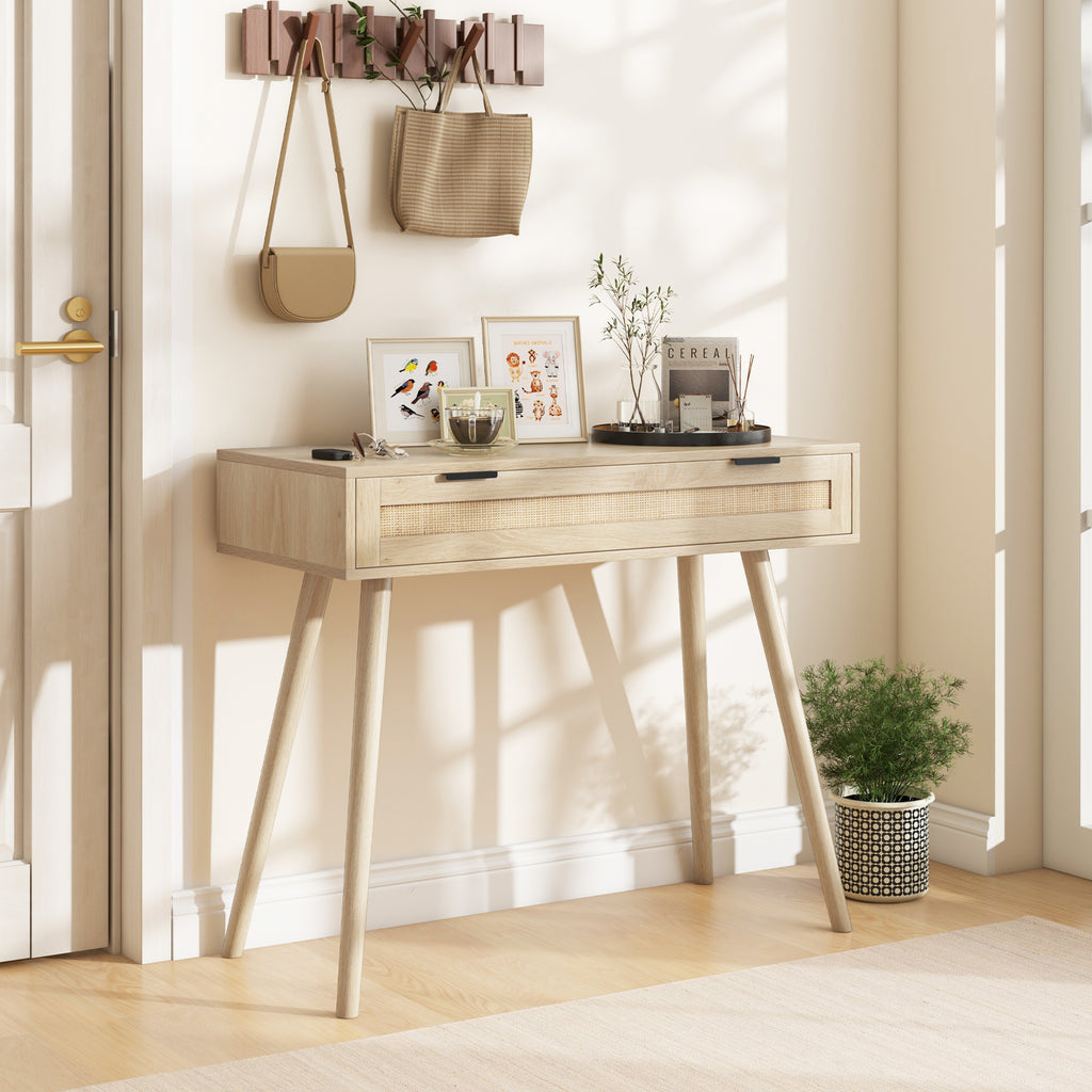 Rattan Console Table with Drawer - Natural Boho Entryway