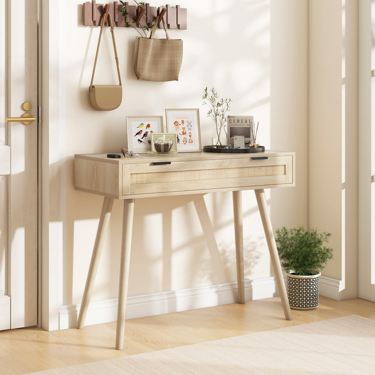 Rattan Console Table with Drawer - Natural Boho Entryway