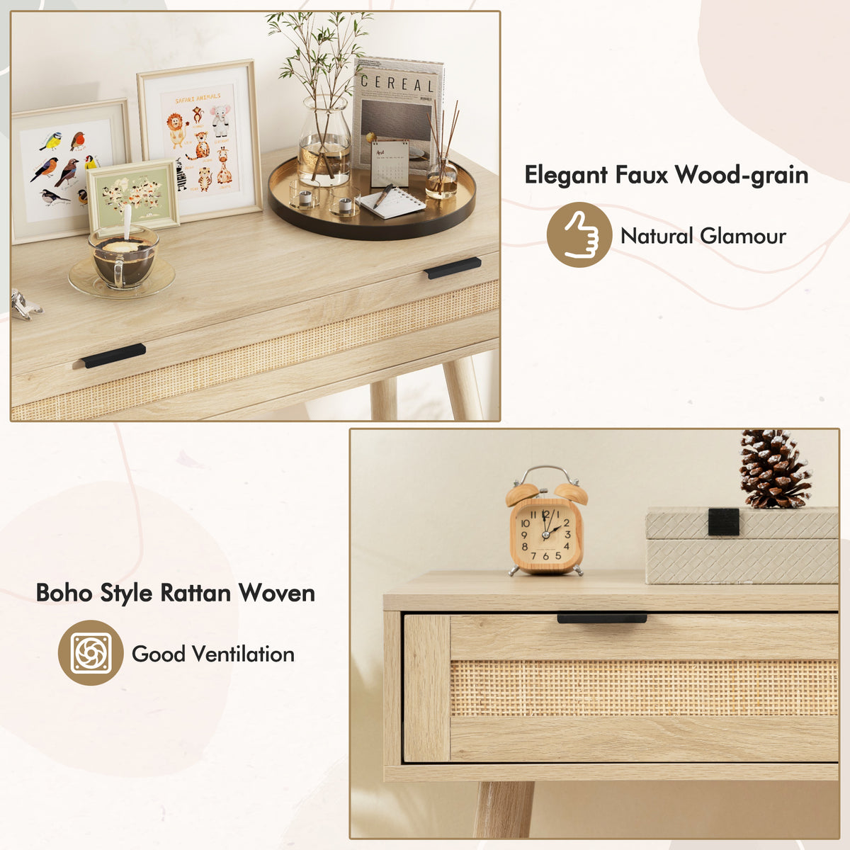 Rattan Console Table with Drawer - Natural Boho Entryway
