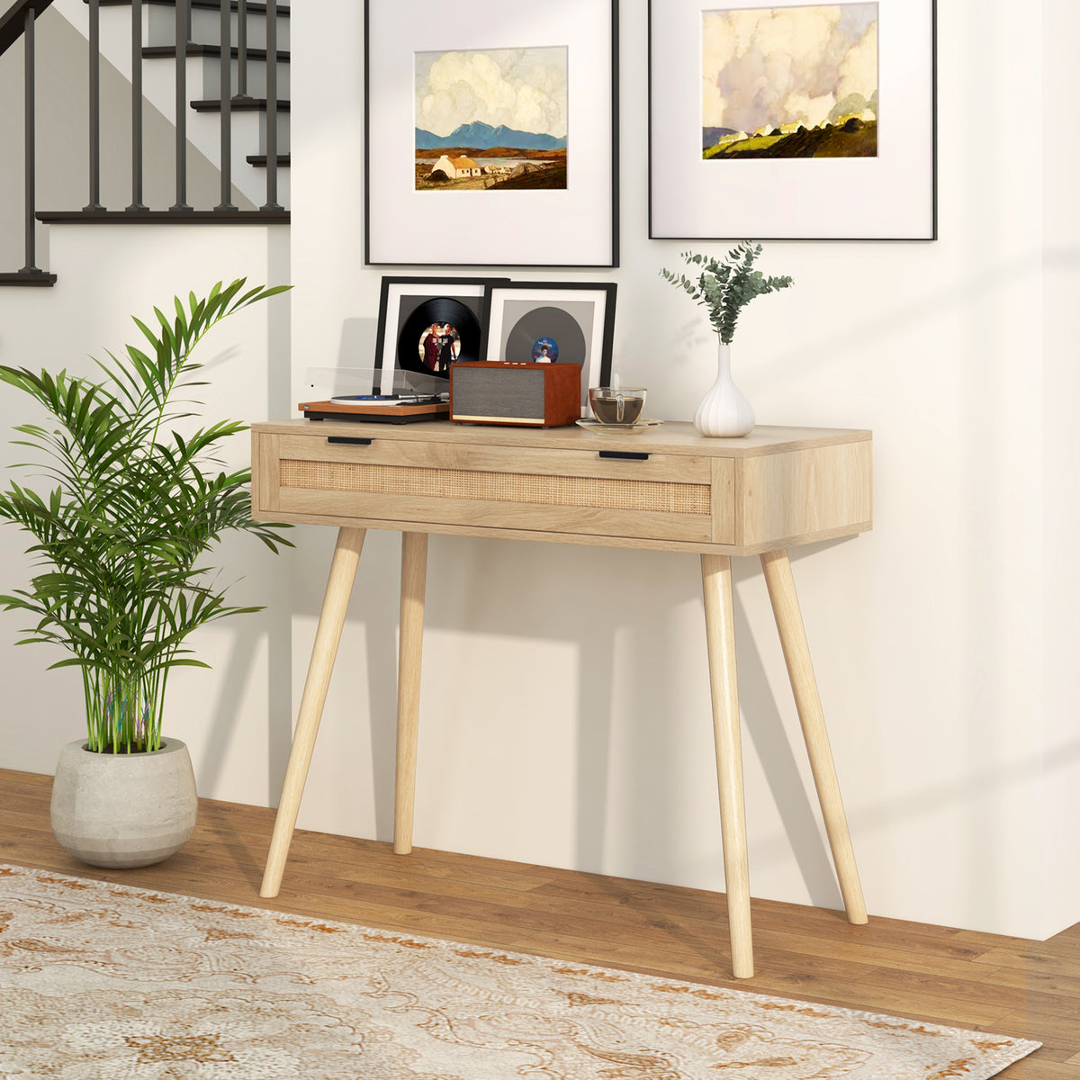 Rattan Console Table with Drawer - Natural Boho Entryway