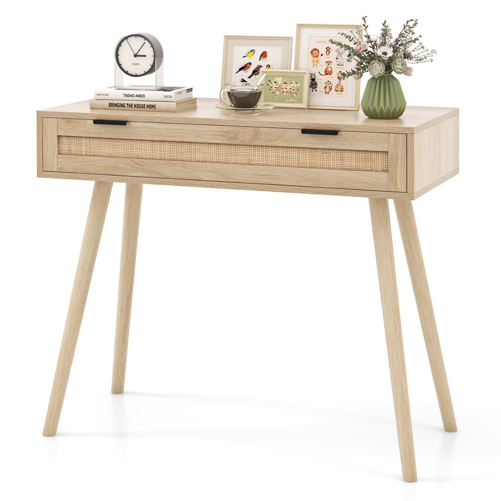 Rattan Console Table with Drawer - Natural Boho Entryway