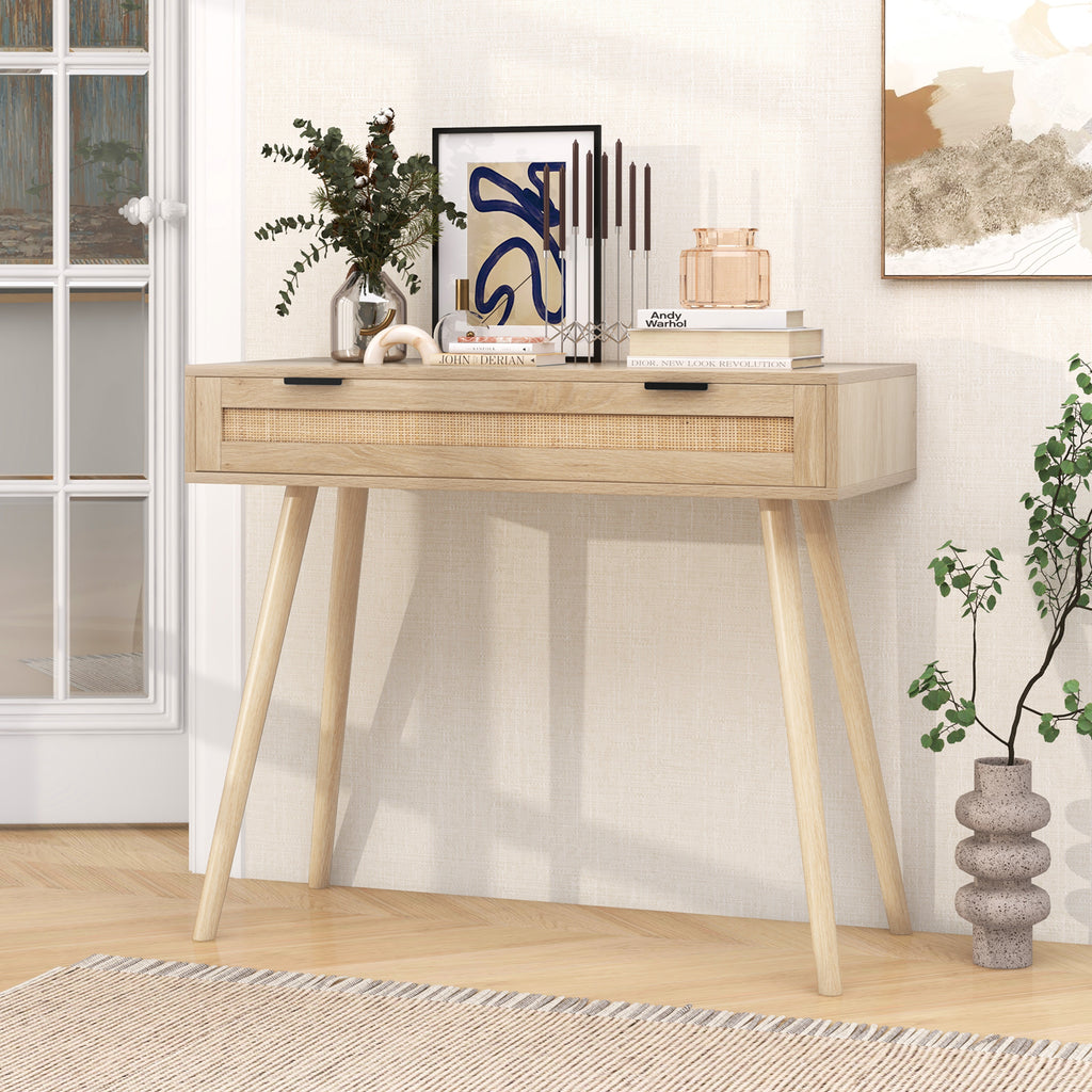 Rattan Console Table with Drawer - Natural Boho Entryway