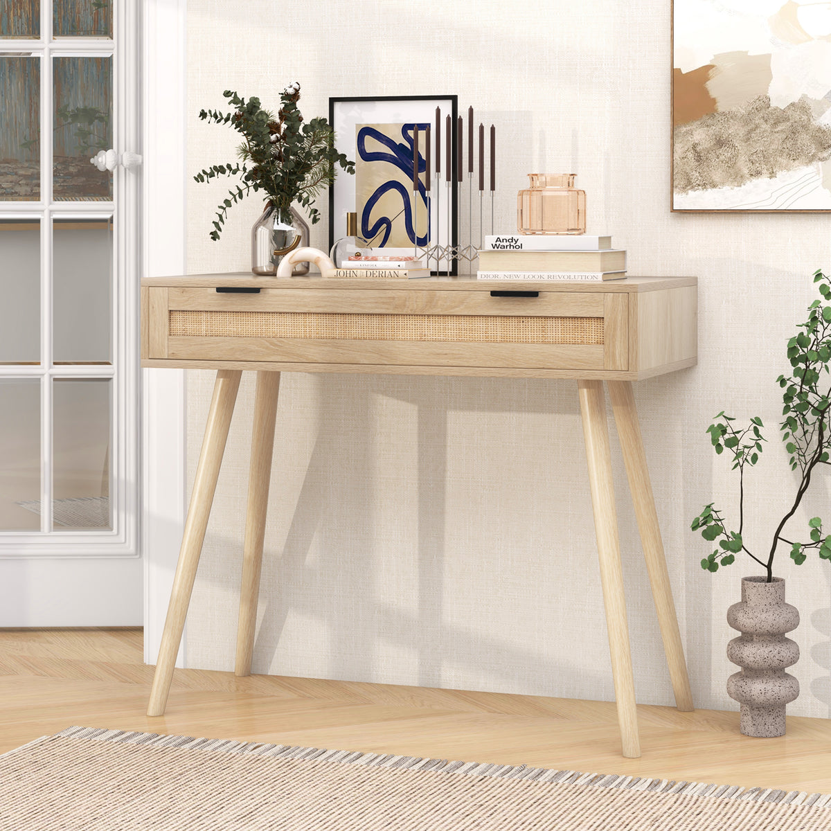 Rattan Console Table with Drawer - Natural Boho Entryway