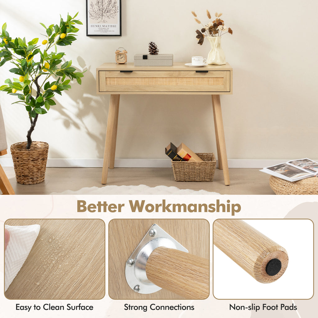 Rattan Console Table with Drawer - Natural Boho Entryway