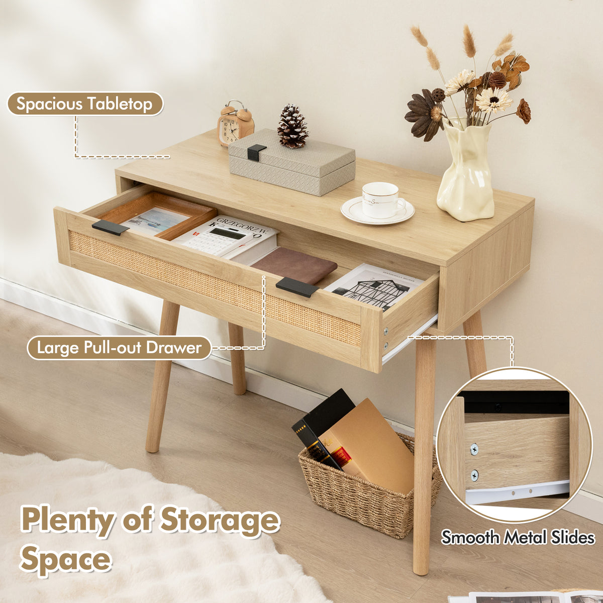 Rattan Console Table with Drawer - Natural Boho Entryway
