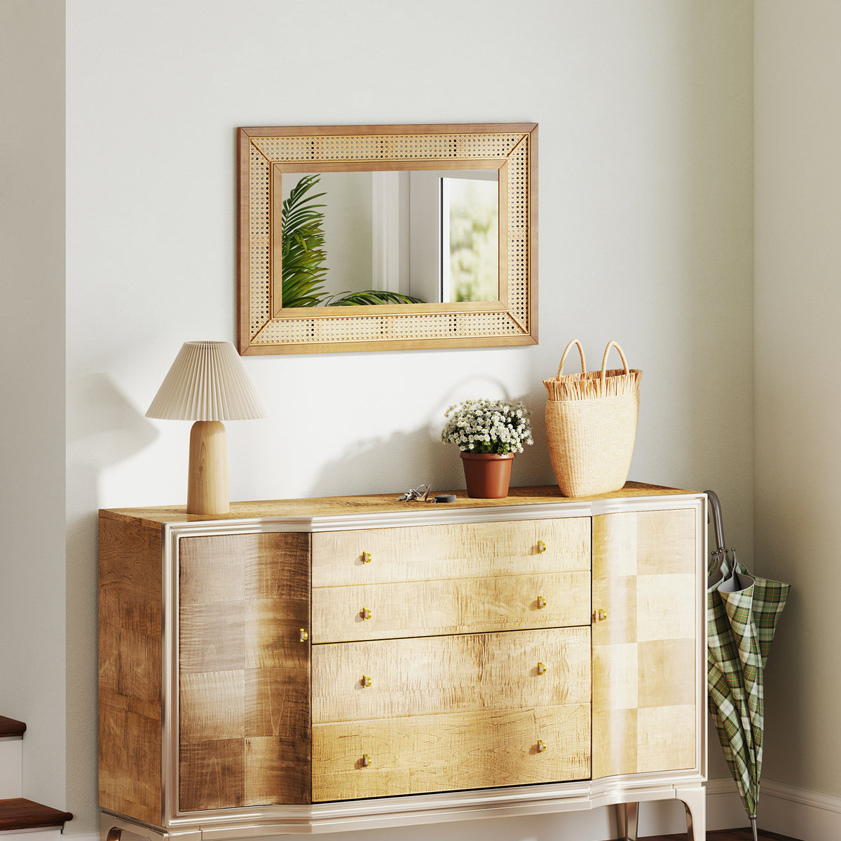 Rattan Wall Mirror with Wooden Frame - Rustic Bathroom & Living Room Decor - Natural Variation