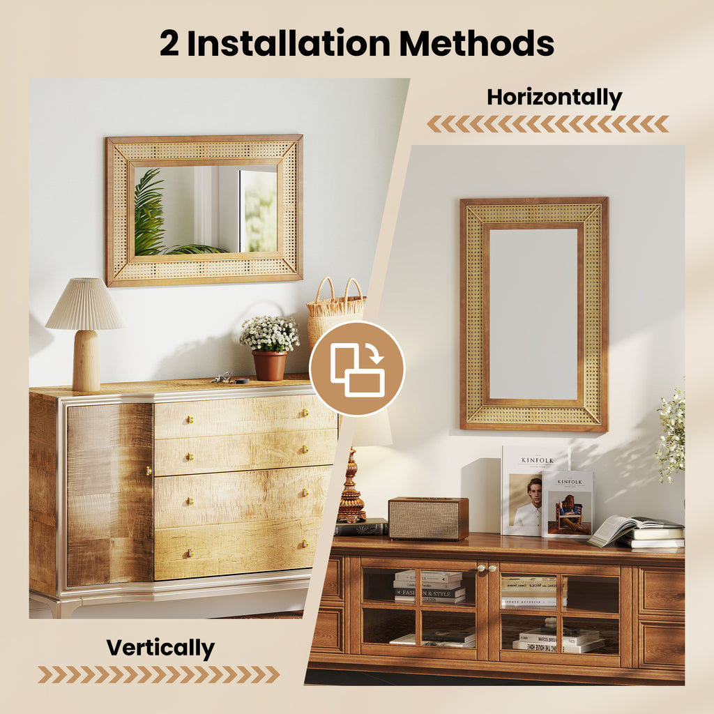 Rattan Wall Mirror with Wooden Frame - Rustic Bathroom & Living Room Decor - Natural Variation