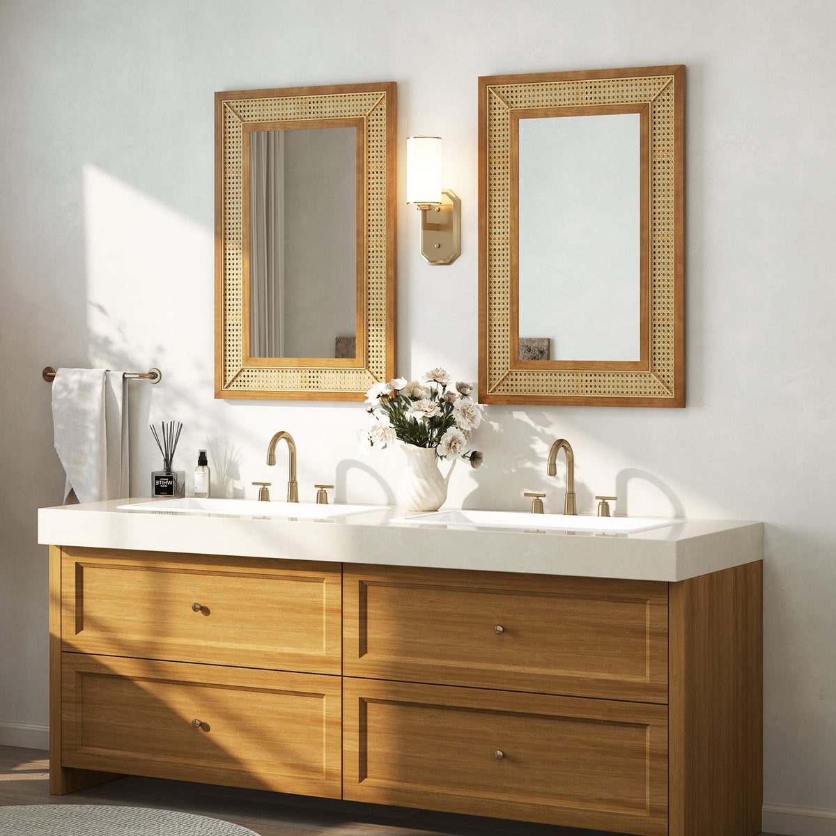 Rattan Wall Mirror with Wooden Frame - Rustic Bathroom & Living Room Decor - Natural Variation